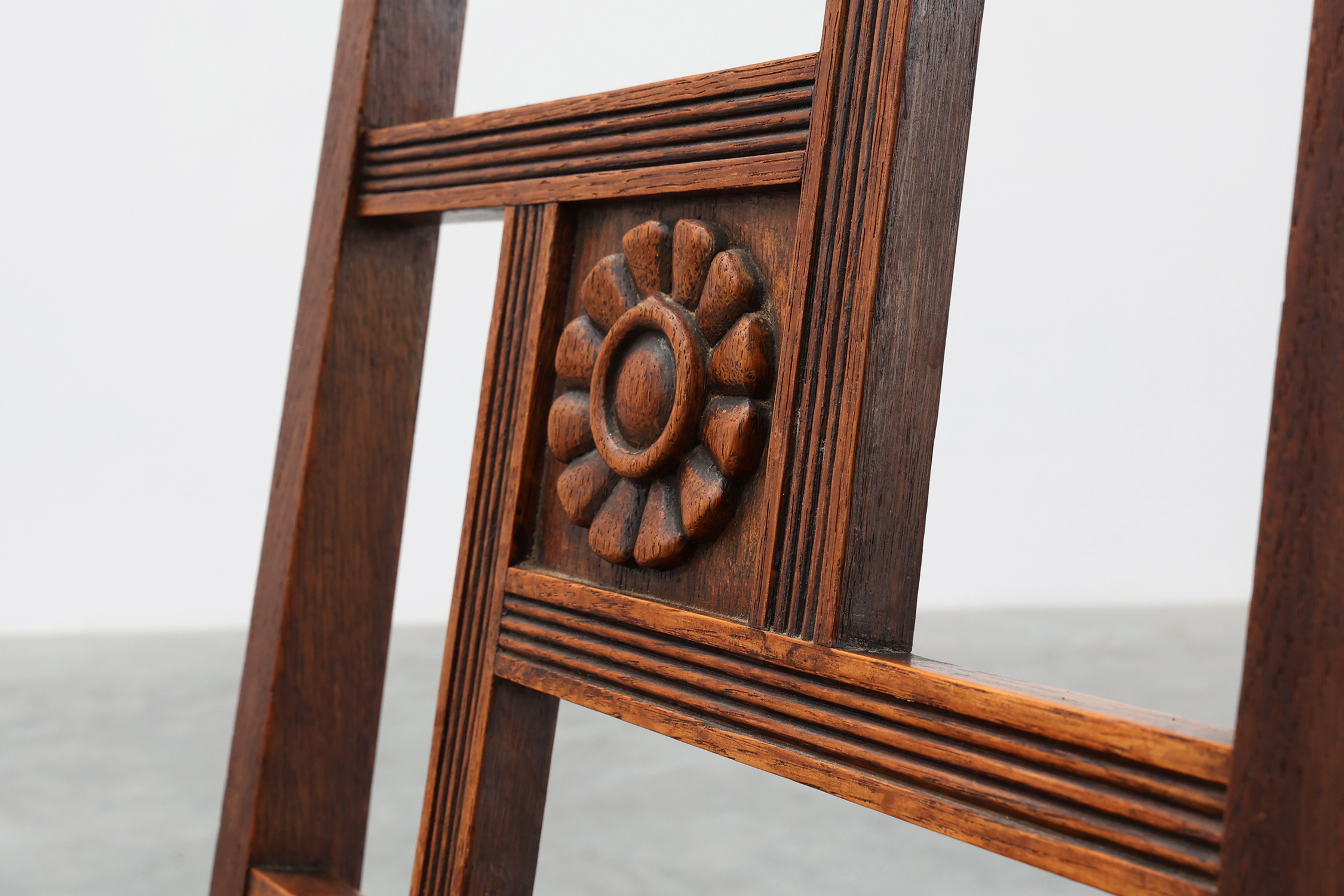 Art Deco oak side chair with carved rosette back and turned front legs, Belgium ca. 1915thumbnail